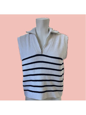Mango MNG Rib Knit Striped Sleeveless Sweater Vest Zip Mock Neck M
